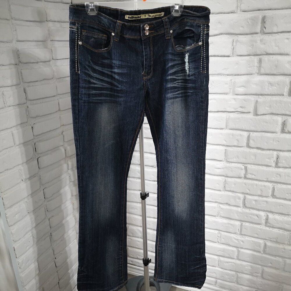Dollhouse Ladies Size 15 Dark Wash Bootcut Embellished Blue Jeans